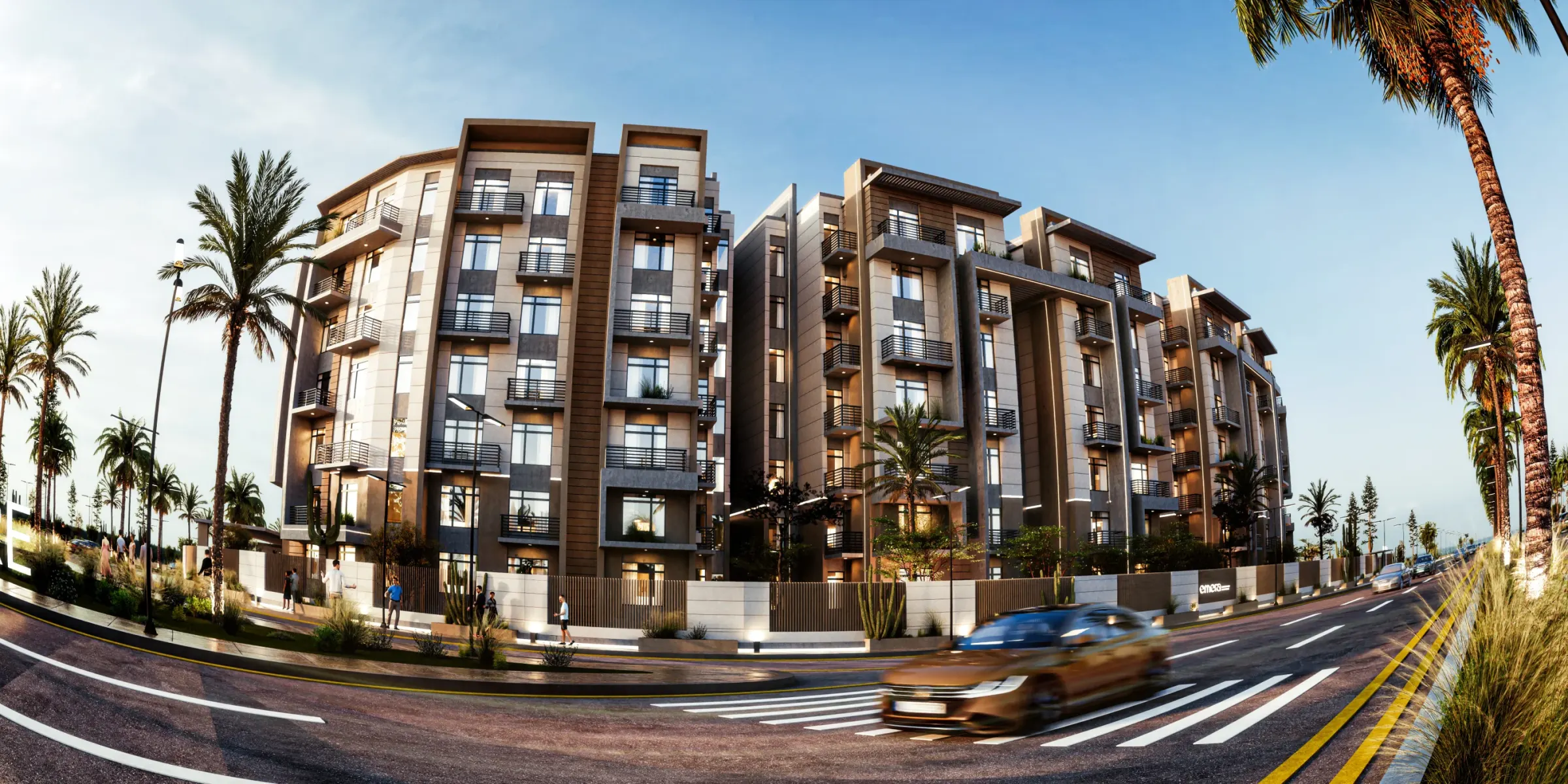 Wide street view of Emera Residence in New Cairo